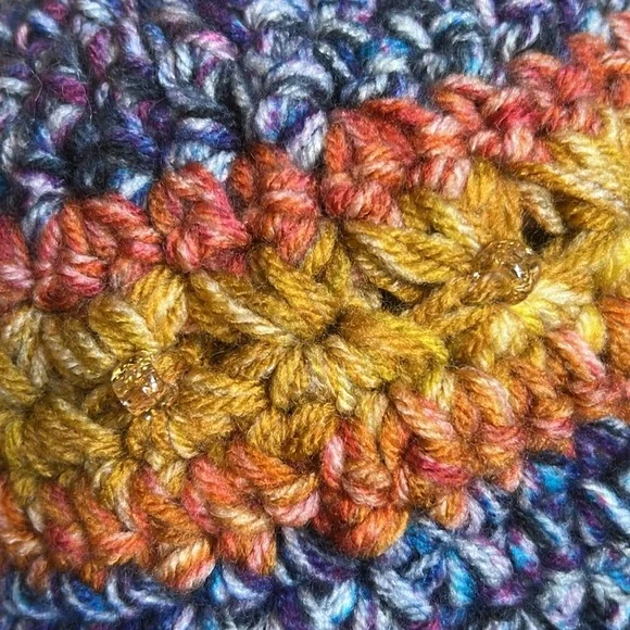 Colorful Knit Beanie with Blue Flower Accent medium soft acrylic yarn new - Picture 5 of 10